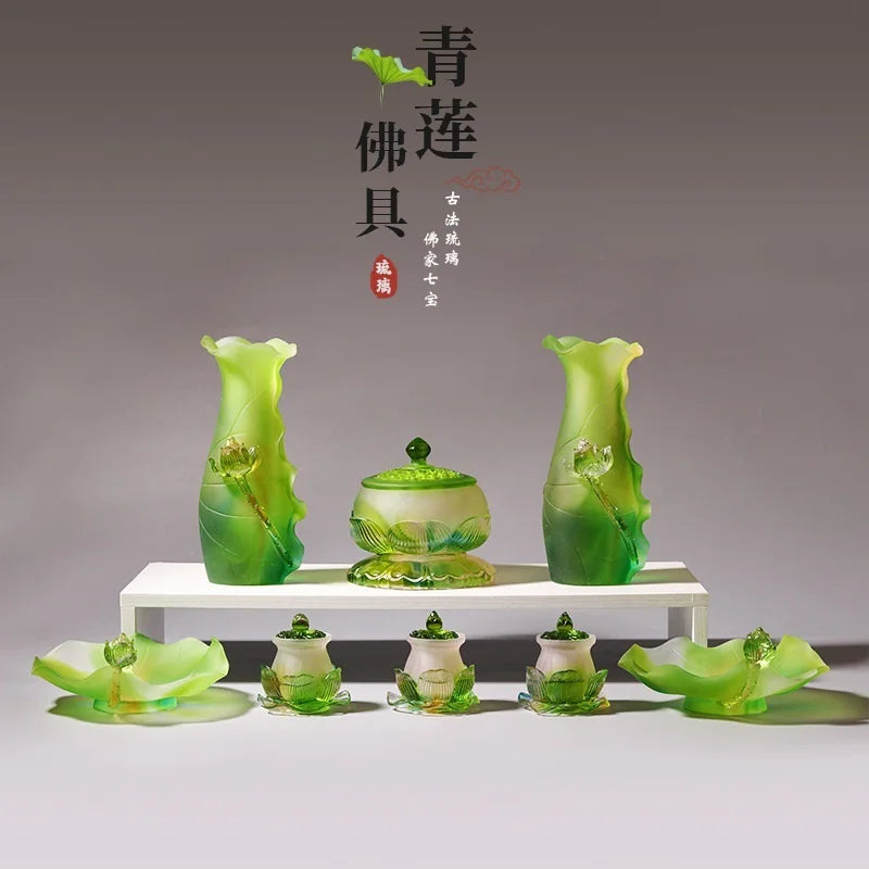 Coloured glaze Green Lotus Buddha Set vase offer water purification cup incense burner Buddhist temple worship lotus ornament