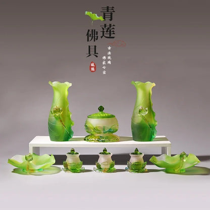 Coloured glaze Green Lotus Buddha Set vase offer water purification cup incense burner Buddhist temple worship lotus ornament