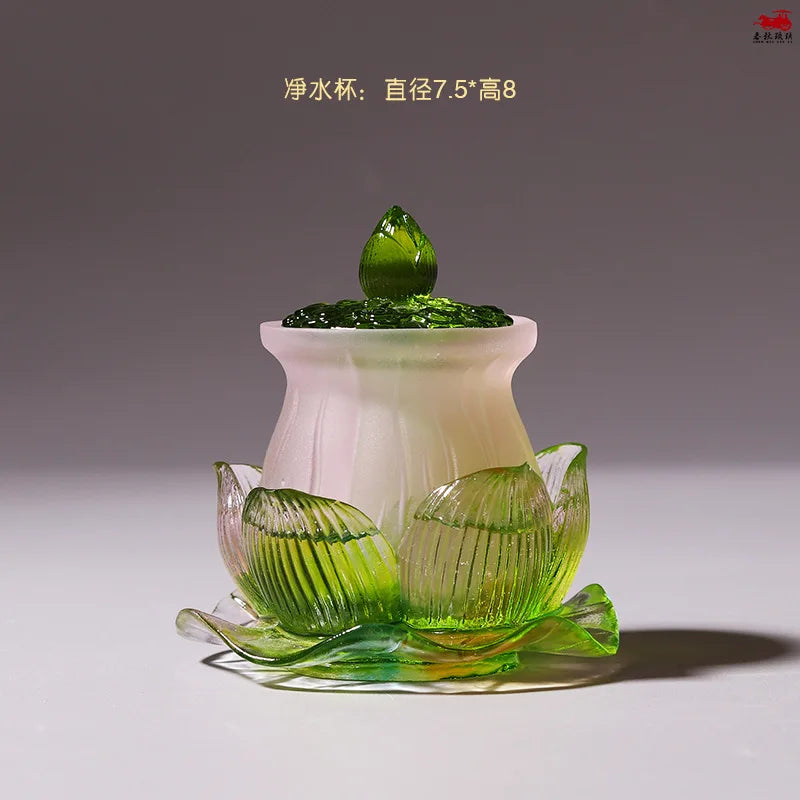 Coloured glaze Green Lotus Buddha Set vase offer water purification cup incense burner Buddhist temple worship lotus ornament
