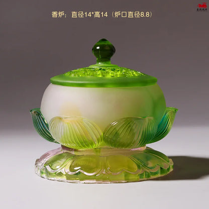 Coloured glaze Green Lotus Buddha Set vase offer water purification cup incense burner Buddhist temple worship lotus ornament