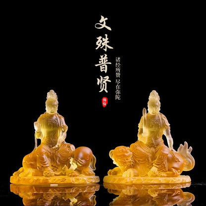 Coloured glaze Manjusri Boddisattva riding a lion Buddha statue Samantabhadra Boddhisattva riding a Elephant Buddha statue