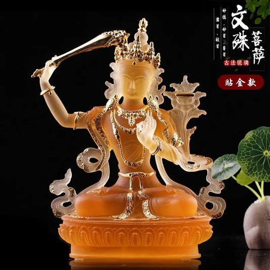 Coloured glaze Manjusri Bodhisattva Buddhist temple worship solemn Buddha statue craft ornaments