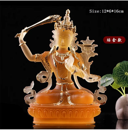 Coloured glaze Manjusri Bodhisattva Buddhist temple worship solemn Buddha statue craft ornaments