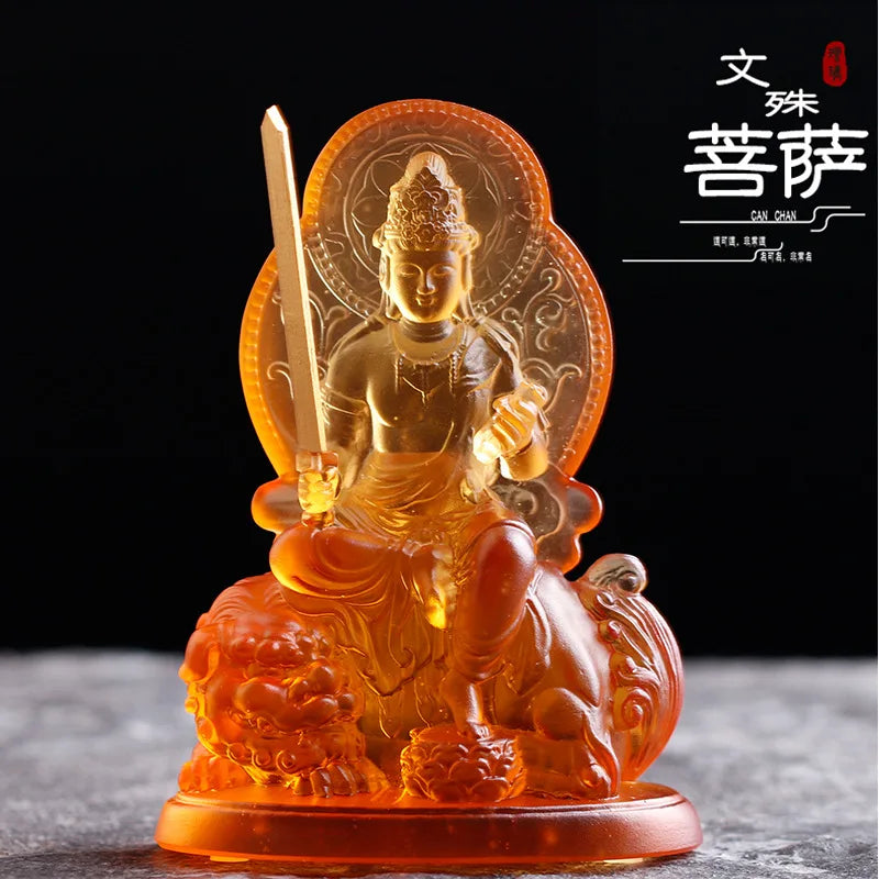 Coloured glaze Manjusri Bodhisattva Samantabhadra Buddha statue Home worship in temples and Buddhist halls handicraft ornaments