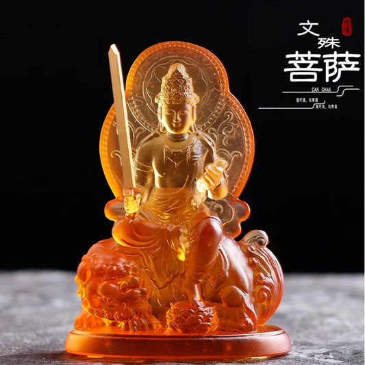 Coloured glaze Manjusri Bodhisattva Samantabhadra Buddha statue Home worship in temples and Buddhist halls handicraft ornaments