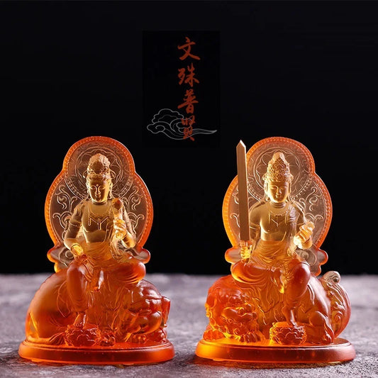 Coloured glaze Manjusri Bodhisattva Samantabhadra Buddha statue Home worship in temples and Buddhist halls handicraft ornaments