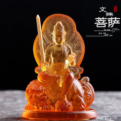Coloured glaze Manjusri Bodhisattva Samantabhadra Buddha statue Home worship in temples and Buddhist halls handicraft ornaments