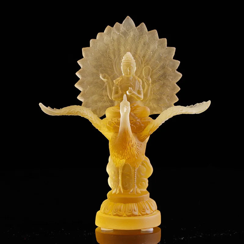 Coloured glaze Peacock Ming King Buddha Statue Tantric Buddha Mother Vajra One head and four arms Disaster Elimination Gain