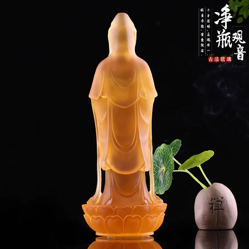 Coloured glaze bottle Guanyin standing image Buddha statue ornament Bodhisattva Buddhist temple home worship decoration