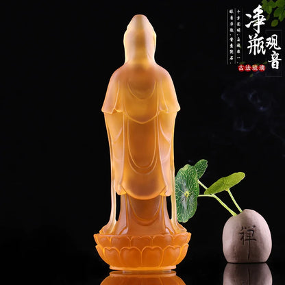 Coloured glaze bottle Guanyin standing image Buddha statue ornament Bodhisattva Buddhist temple home worship decoration