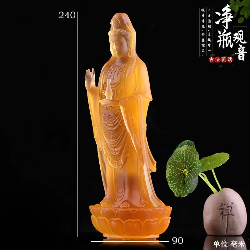 Coloured glaze bottle Guanyin standing image Buddha statue ornament Bodhisattva Buddhist temple home worship decoration