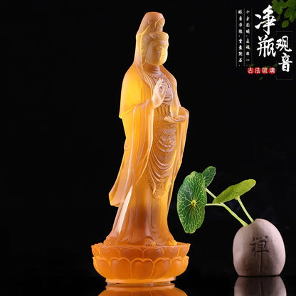 Coloured glaze bottle Guanyin standing image Buddha statue ornament Bodhisattva Buddhist temple home worship decoration