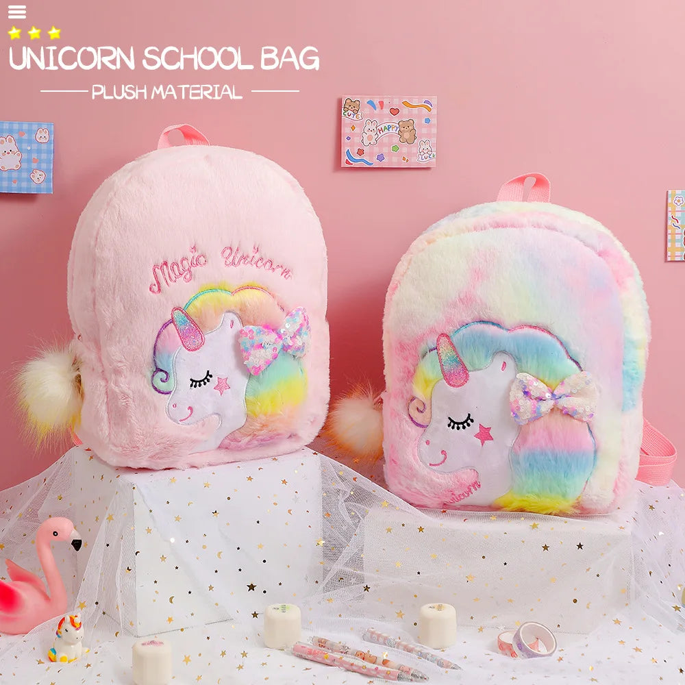 Colourful Bowknot Unicorn Kids Bag for Girls Back To School Cute Plush School Backpack Toddler Child Back Bag Sac A Dos Scolaire