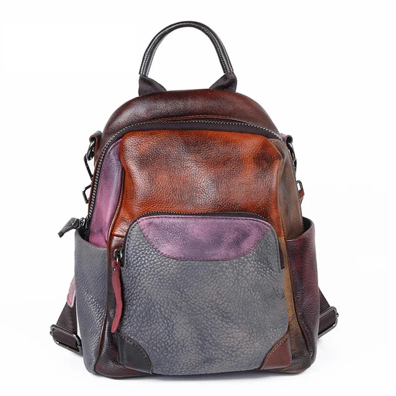 Colourful Retro Cowhid Women Small Backpack Genuine Leather Fashion School Packsack Female Student Casual Knapsack Bag