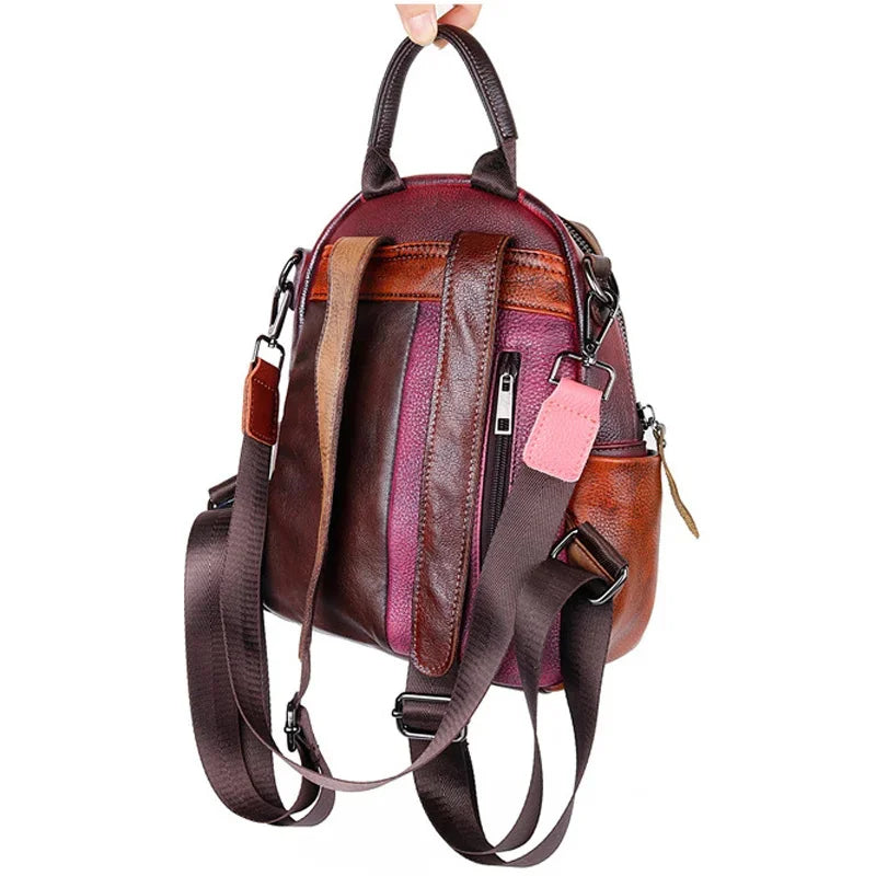 Colourful Retro Cowhid Women Small Backpack Genuine Leather Fashion School Packsack Female Student Casual Knapsack Bag