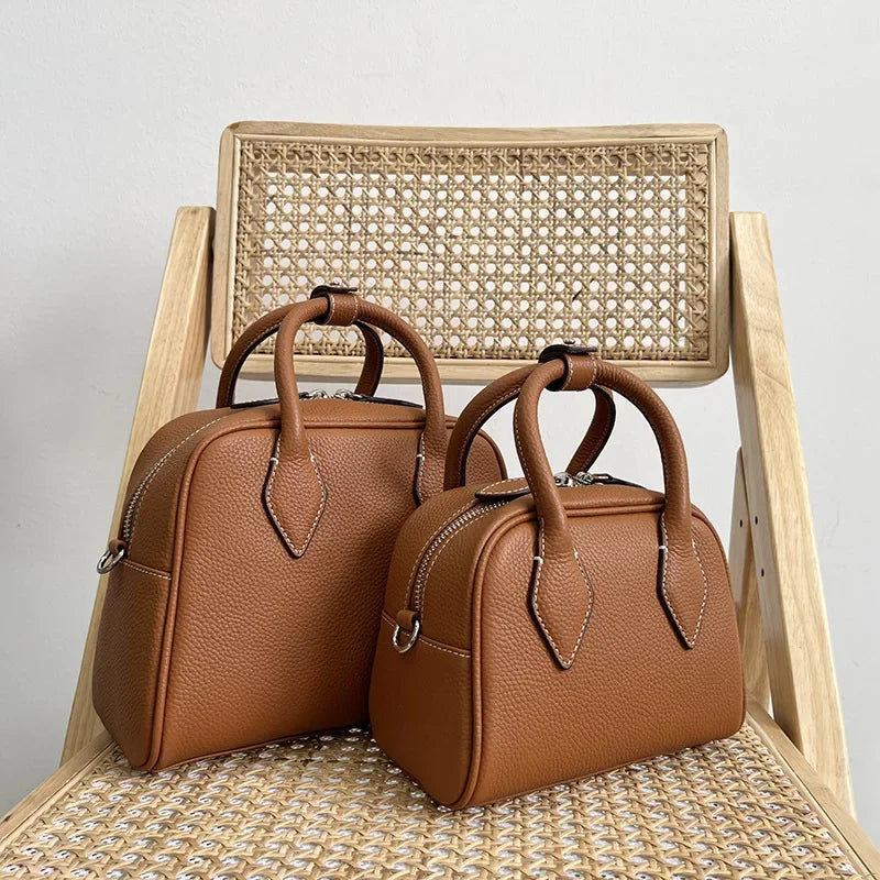 Commuter Large Capacity Cowhide Boston Bag Korean Minority Versatile One Shoulder Crossbody Portable Handbags 2024 New Purses