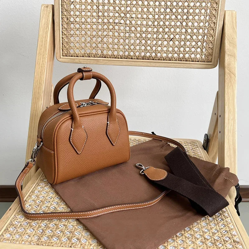 Commuter Large Capacity Cowhide Boston Bag Korean Minority Versatile One Shoulder Crossbody Portable Handbags 2024 New Purses