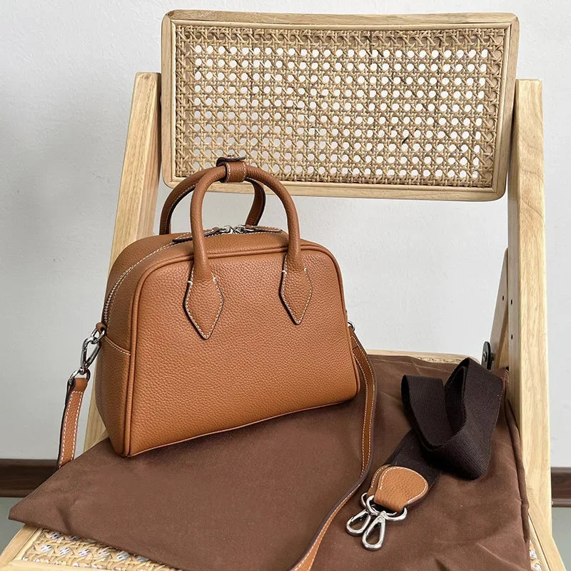 Commuter Large Capacity Cowhide Boston Bag Korean Minority Versatile One Shoulder Crossbody Portable Handbags 2024 New Purses