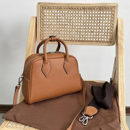 Commuter Large Capacity Cowhide Boston Bag Korean Minority Versatile One Shoulder Crossbody Portable Handbags 2024 New Purses