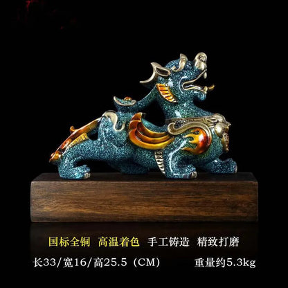 Company home Porch lobby thriving business Good luck Money PI XIU dragon color brass Sculpture ART best office Ornament