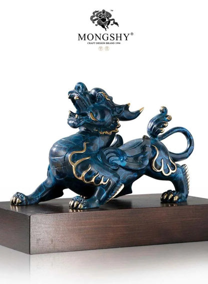 Company home Porch lobby thriving business Good luck Money PI XIU dragon color brass Sculpture ART best office Ornament
