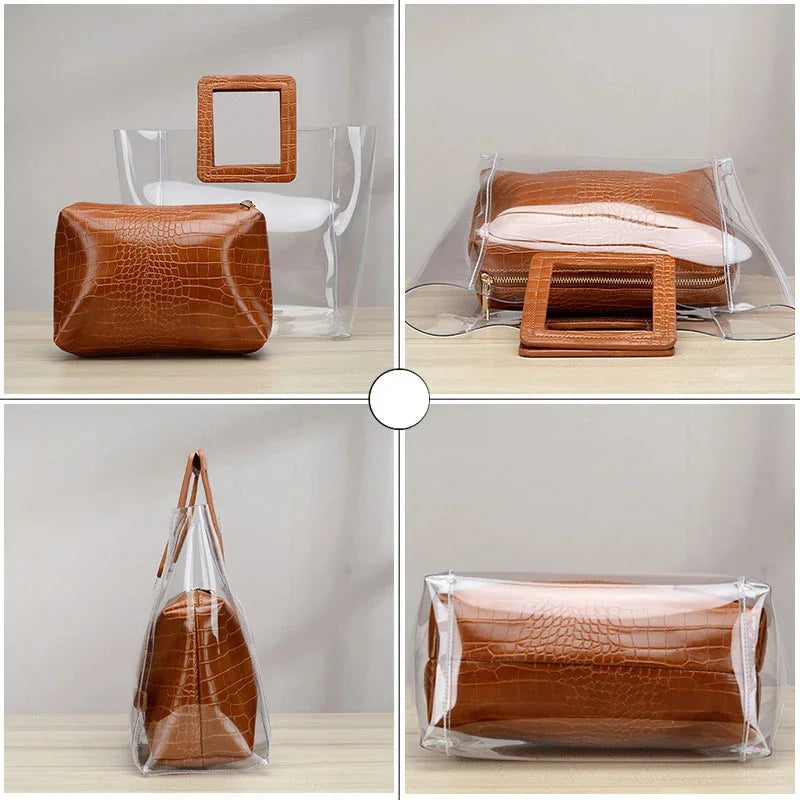 Composite Bags for Women 2024 Summer Transparent Handbag and Purse Jelly Beach Bag Ladies Crocodile Waterproof Brand Design Tote
