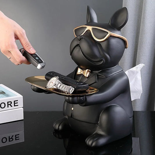 Cool Bulldog Statue with Tray Tissue Box Resin Animal Figurines Dog Ornament Nordic Home Living Room Sculpture Decoration Gift