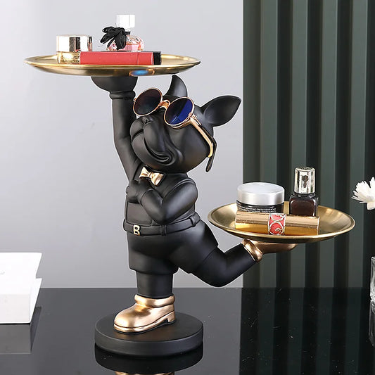 Cool French Bulldog Statue with Double Tray Resin Dog Sculpture Home Decor Animal Figurines for Home Room Table Decoration Gifts