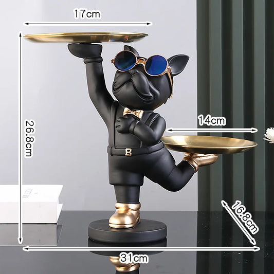 Cool French Bulldog Statue with Double Tray Resin Dog Sculpture Home Decor Animal Figurines for Home Room Table Decoration Gifts