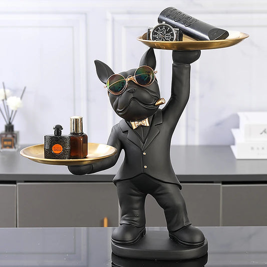 Cool Standing French Bulldog Resin Statue 2 Trays Dog Figurine Ornament Home Decor Animal Sculptures for Home Decorations Gift
