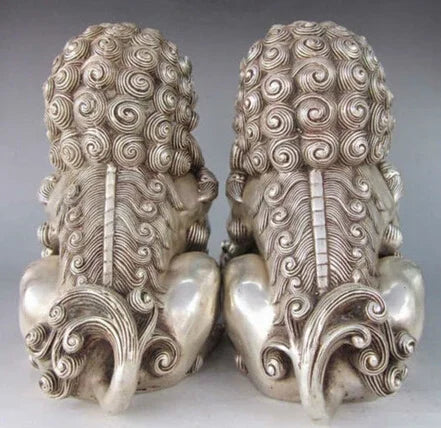 Copper Brass CHINESE crafts Asian A Pair of Elaborate Chinese Tibetan Silver Guardian Lion Foo Fu Dog Statues
