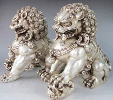 Copper Brass CHINESE crafts Asian A Pair of Elaborate Chinese Tibetan Silver Guardian Lion Foo Fu Dog Statues