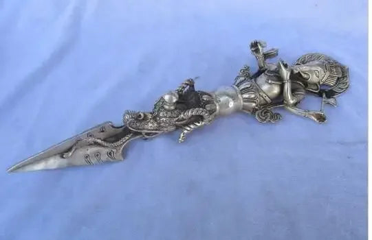 Copper Brass Home Handwork Tibet silver Buddhist Sword,Carved Elephant head /Ritual Dagger statue from tibetan ,Long 13 inch