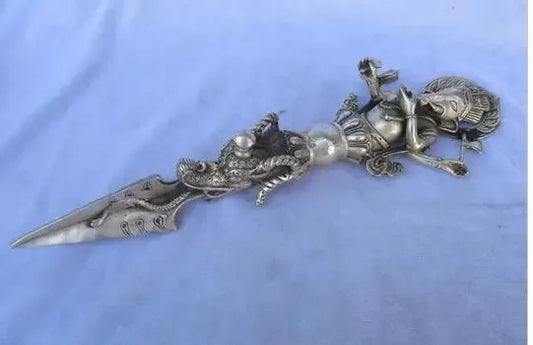 Copper Brass Home Handwork Tibet silver Buddhist Sword,Carved Elephant head /Ritual Dagger statue from tibetan ,Long 13 inch
