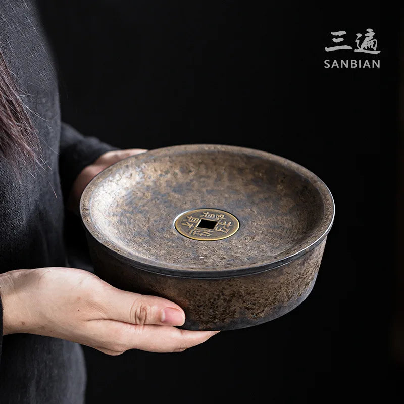 Copper Coin Pot Tray Tea Table Yixing Clay Teapots Water Drop Container Tea Pot Base Purple Sand Retro Bamboo Tea Tray Water S