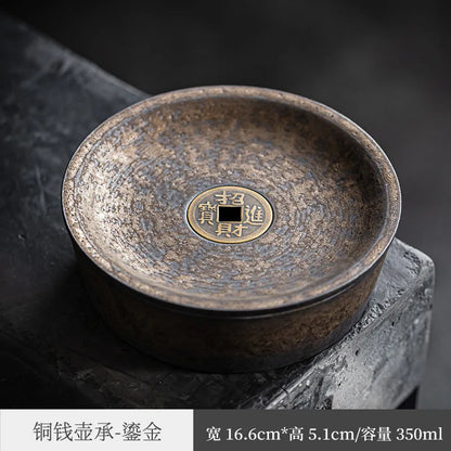 Copper Coin Pot Tray Tea Table Yixing Clay Teapots Water Drop Container Tea Pot Base Purple Sand Retro Bamboo Tea Tray Water S