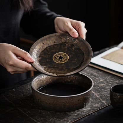 Copper Coin Pot Tray Tea Table Yixing Clay Teapots Water Drop Container Tea Pot Base Purple Sand Retro Bamboo Tea Tray Water S