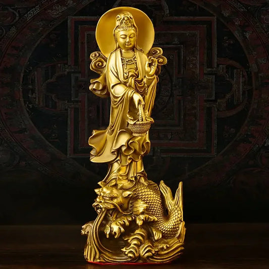 Copper Dragon Guanyin Ornaments Stand Bodhisattva Statue Home Living Room Desktop Buddha Statue Decoration