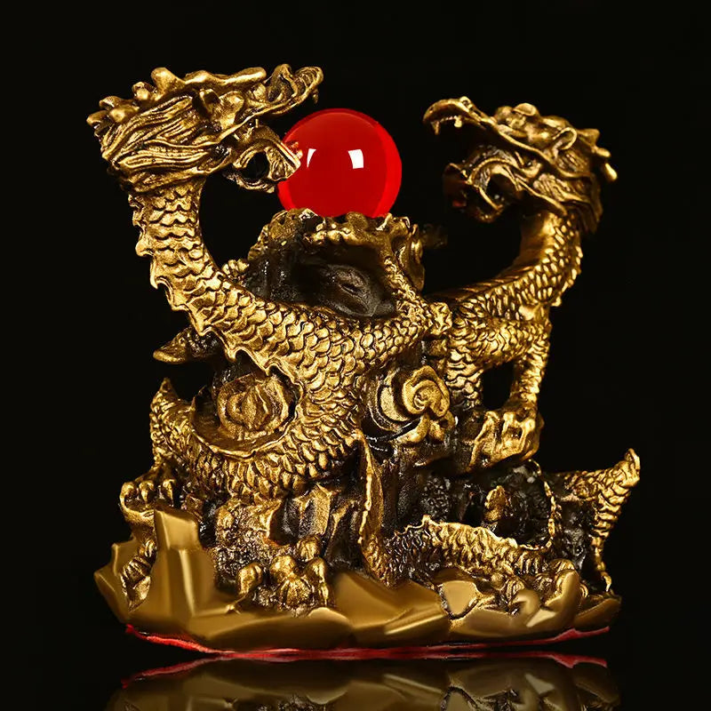 Copper Dragon Ornaments Double Dragon Playing Pearl Five Elements Home Office Desktop Decor Auspicious Dragon Statues