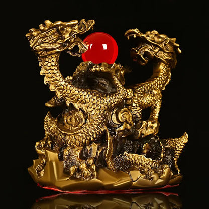 Copper Dragon Ornaments Double Dragon Playing Pearl Five Elements Home Office Desktop Decor Auspicious Dragon Statues