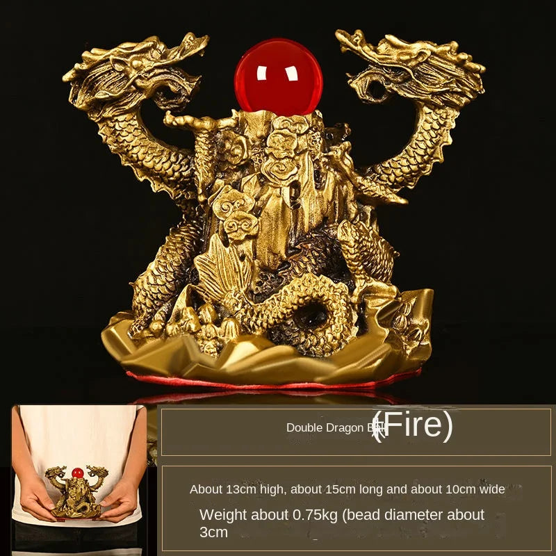 Copper Dragon Ornaments Double Dragon Playing Pearl Five Elements Home Office Desktop Decor Auspicious Dragon Statues