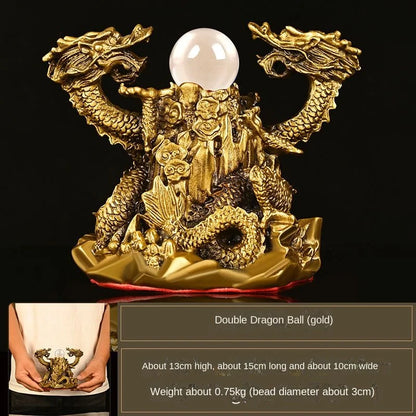 Copper Dragon Ornaments Double Dragon Playing Pearl Five Elements Home Office Desktop Decor Auspicious Dragon Statues