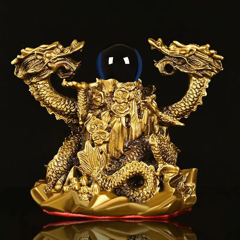 Copper Dragon Ornaments Double Dragon Playing Pearl Five Elements Home Office Desktop Decor Auspicious Dragon Statues