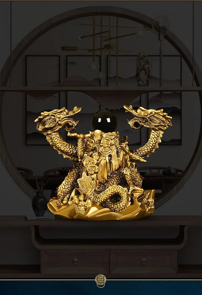 Copper Dragon Ornaments Double Dragon Playing Pearl Five Elements Home Office Desktop Decor Auspicious Dragon Statues