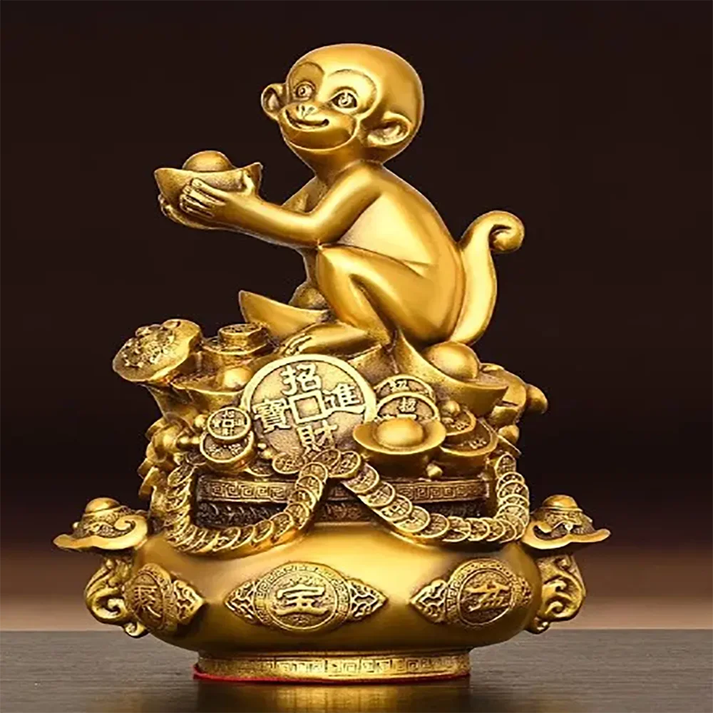Copper Monkey Ornaments Pure Copper Pot of Treasure Ruyi Monkey Living Room Office Decorations