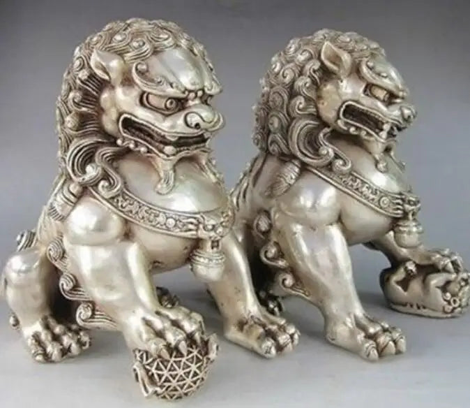 Copper Statue 4.8" inch Chinese Silver Guardian Lion Foo Fu Dog Statue Pair