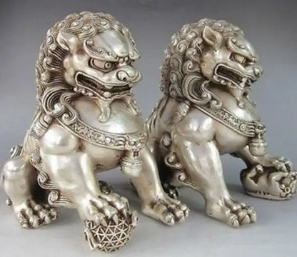 Copper Statue 4.8" inch Chinese Silver Guardian Lion Foo Fu Dog Statue Pair