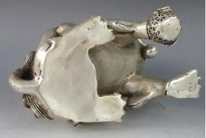 Copper Statue 4.8" inch Chinese Silver Guardian Lion Foo Fu Dog Statue Pair