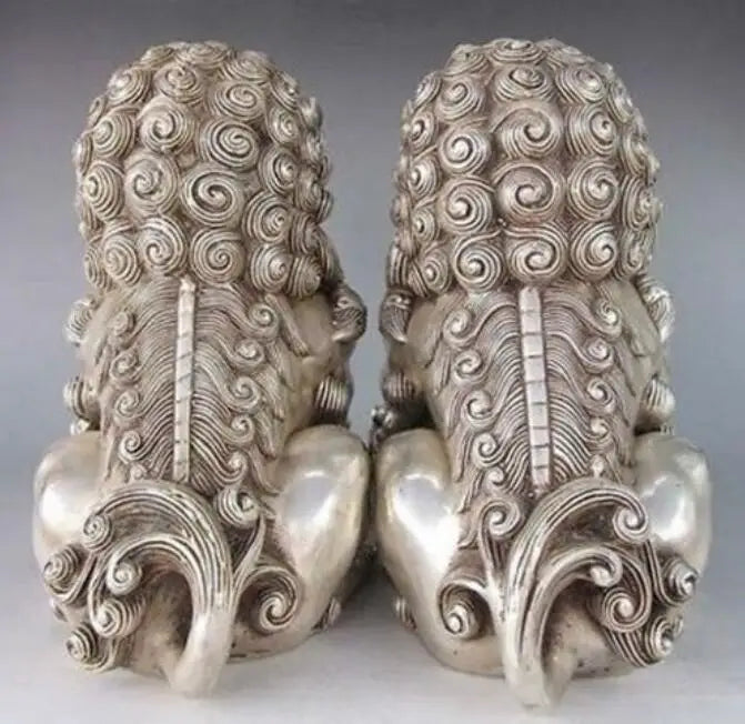 Copper Statue 4.8" inch Chinese Silver Guardian Lion Foo Fu Dog Statue Pair