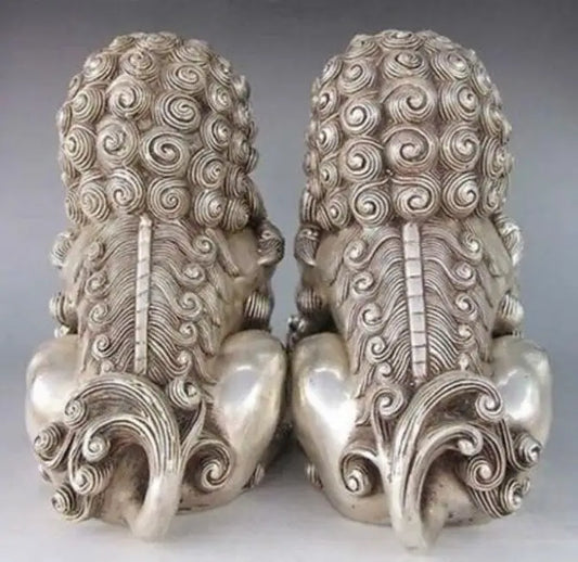 Copper Statue 4.8" inch Chinese Silver Guardian Lion Foo Fu Dog Statue Pair